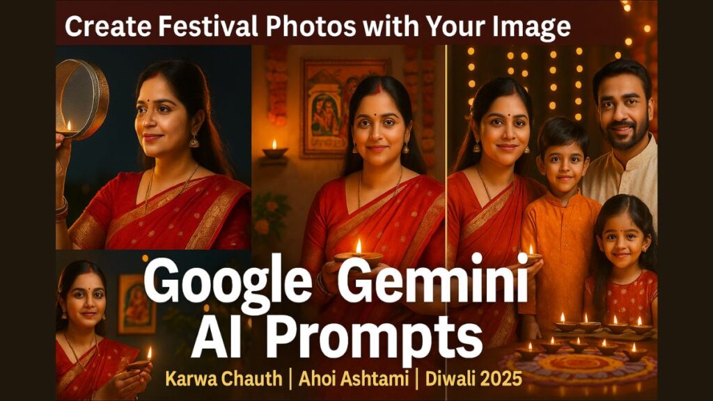 Generate stunning Karwa Chauth, Ahoi Ashtami & Diwali 2025 images using Google Gemini AI Prompts. Create festival photos from your own picture instantly.